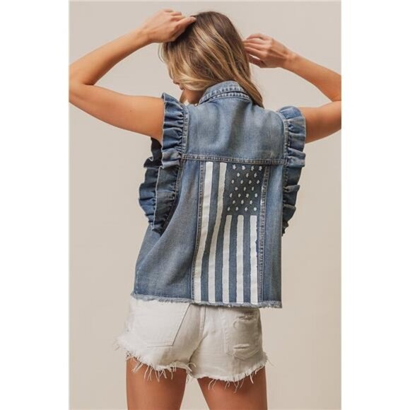 BiBi American Flag Washed Denim Jacket - Picture 2 of 10